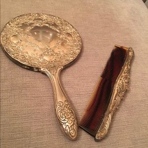 Silver Plated 2 Piece Comb & Mirror Vanity Dresser Set Ornate Vintage